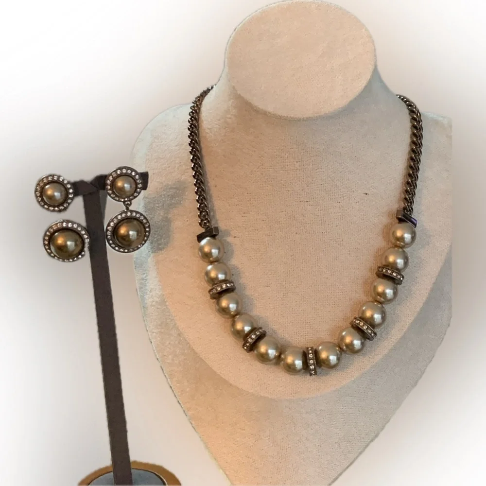Givenchy Bronze Tone Faux Pearls and Rhinestones Necklace and Earring Set - Picture 1 of 10
